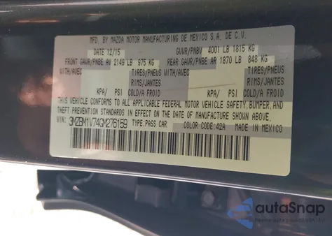 2016 Mazda Mazda3 I Touring z USA, uszkodzony, nr VIN 3MZBM1V74GM276159